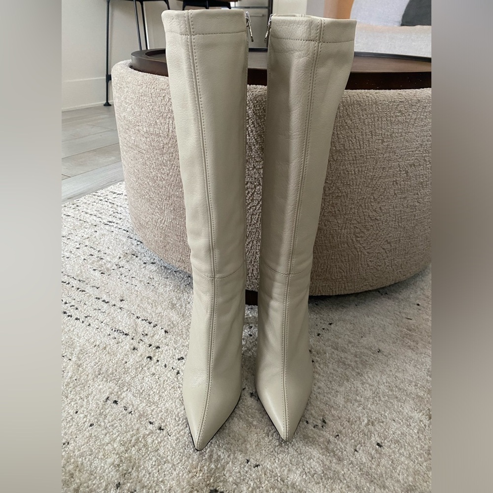Women's Knee-High Pointed Toe Leather Boots - Cream - Picture 1 of 4